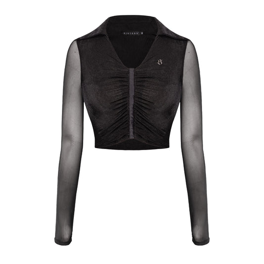 Black long-sleeve crop top with mesh sleeves on a white background
