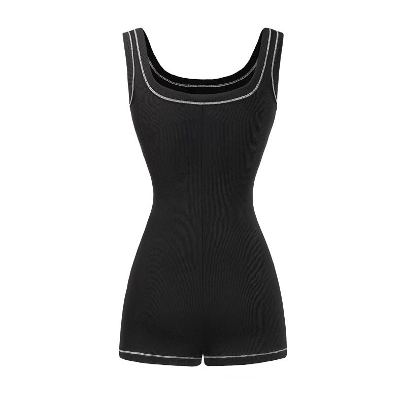 Black bodysuit with white trim on a white background