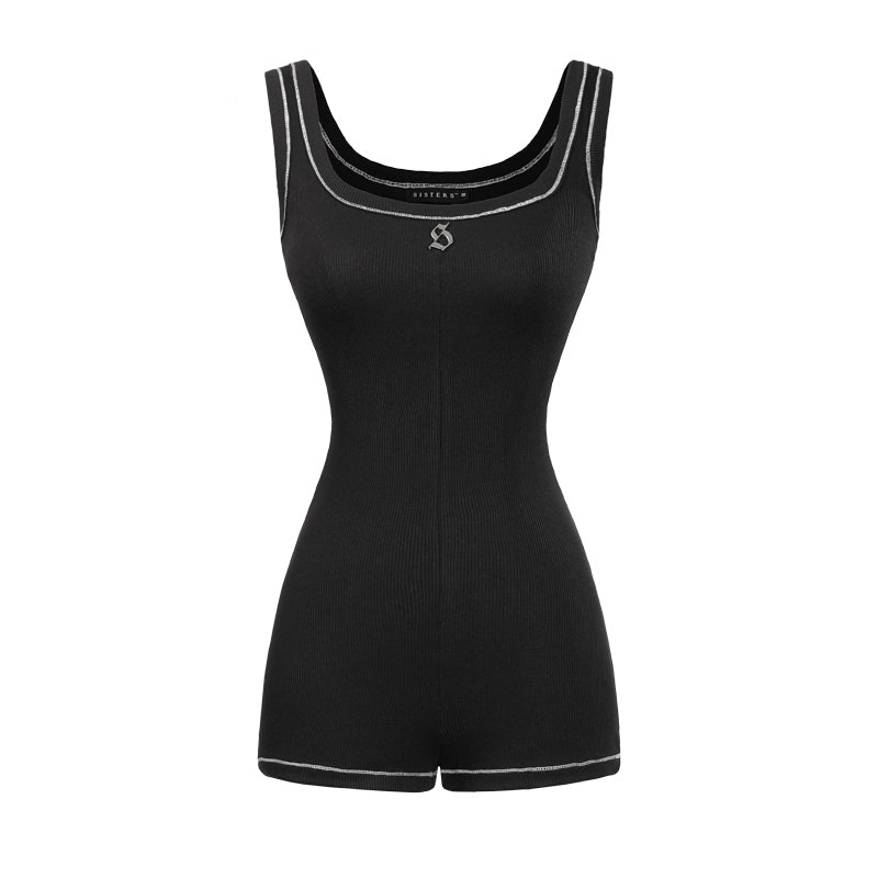 Black bodysuit with white trim on a white background