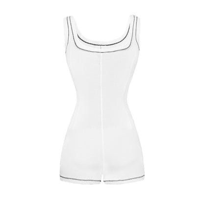 White tank top with black trim on a white background