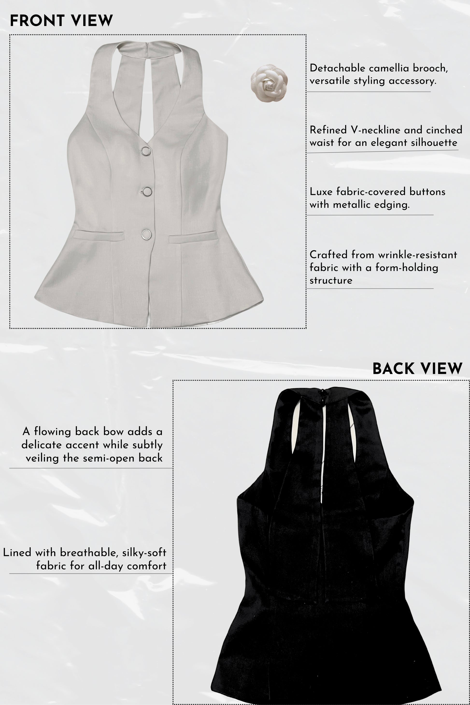 Product description of a sleeveless top with details on front and back views.