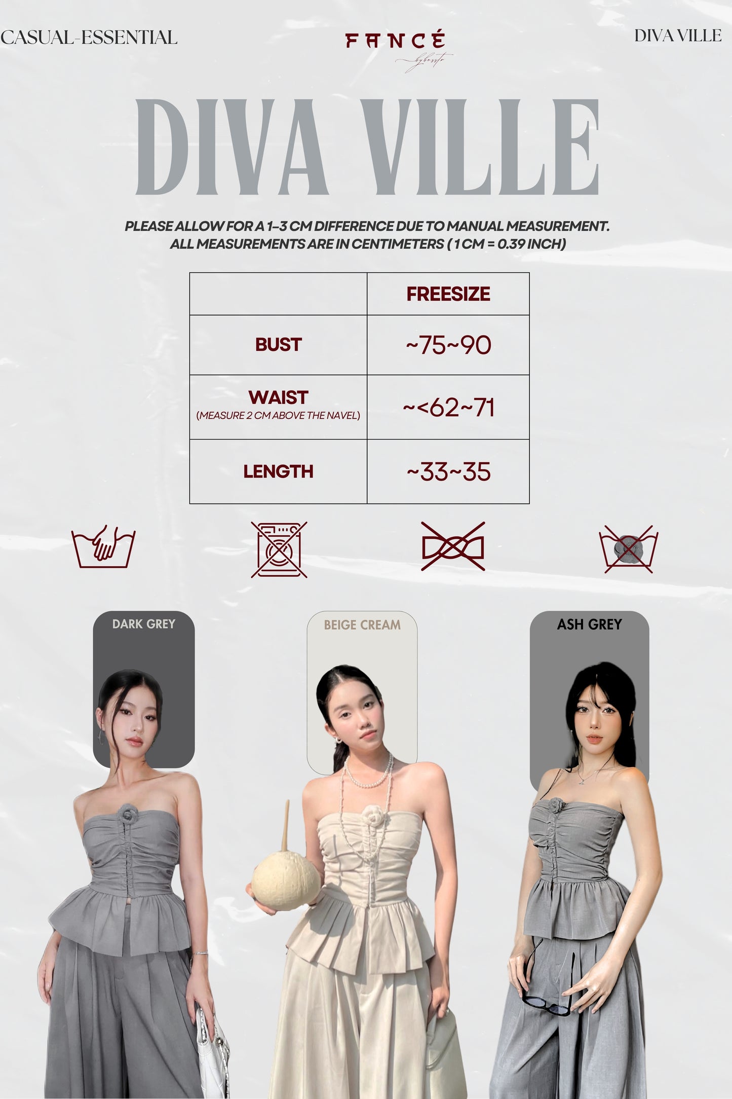 Measurement chart for a strapless dress with size guidelines and color options.