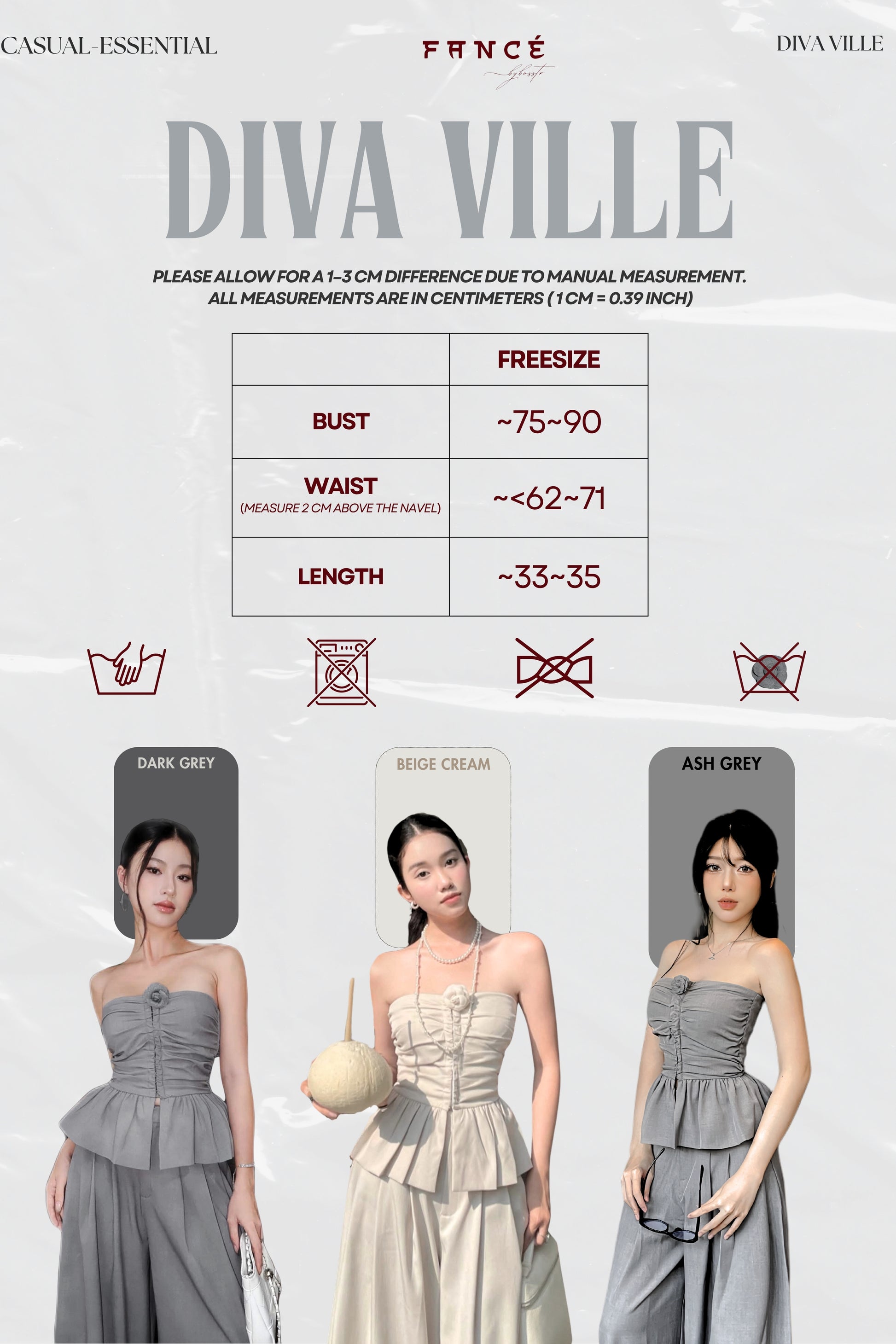 Measurement chart for a strapless dress with size guidelines and color options.