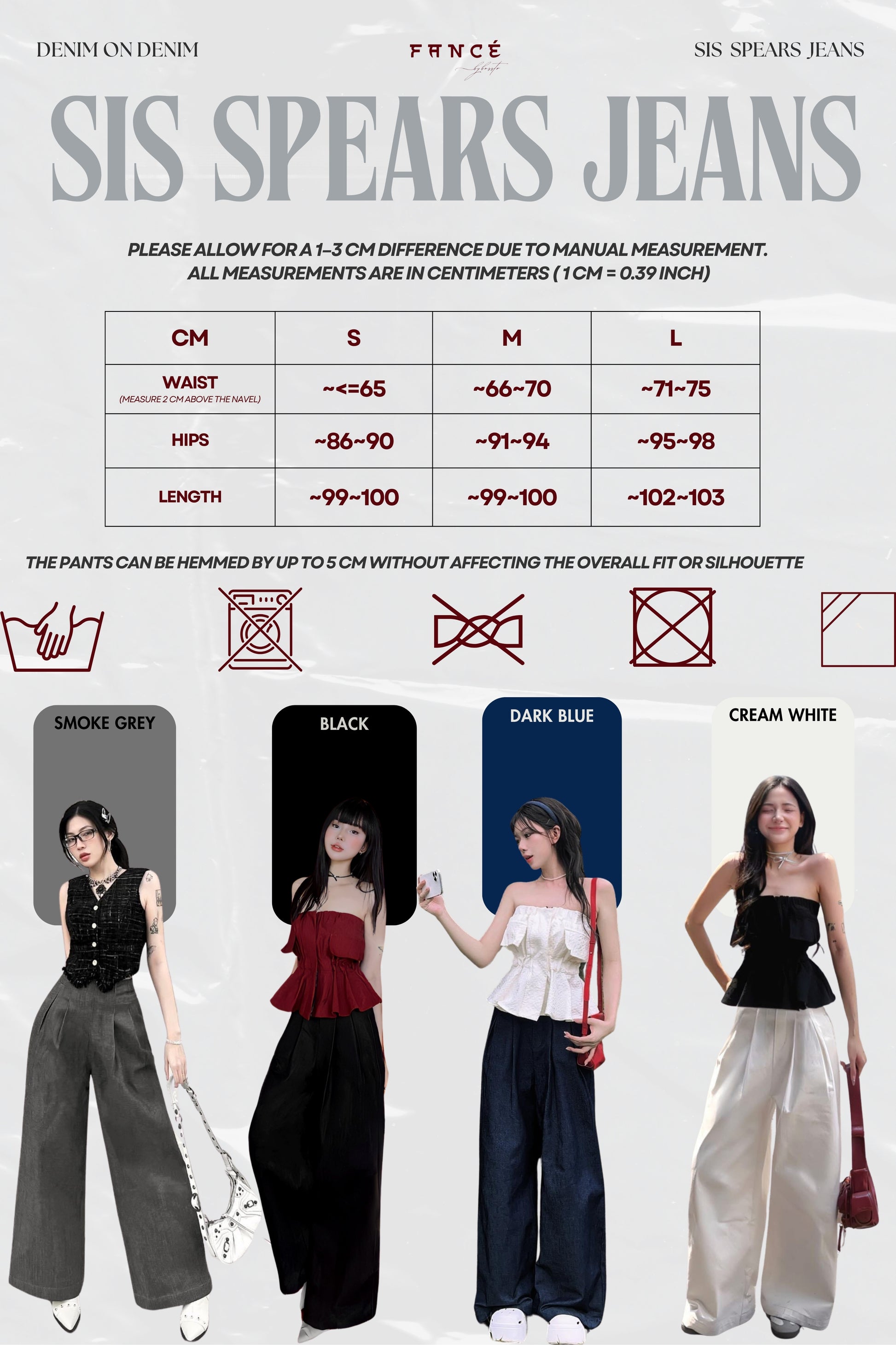 Sis Spears Jeans size chart with models wearing jeans in various colors.
