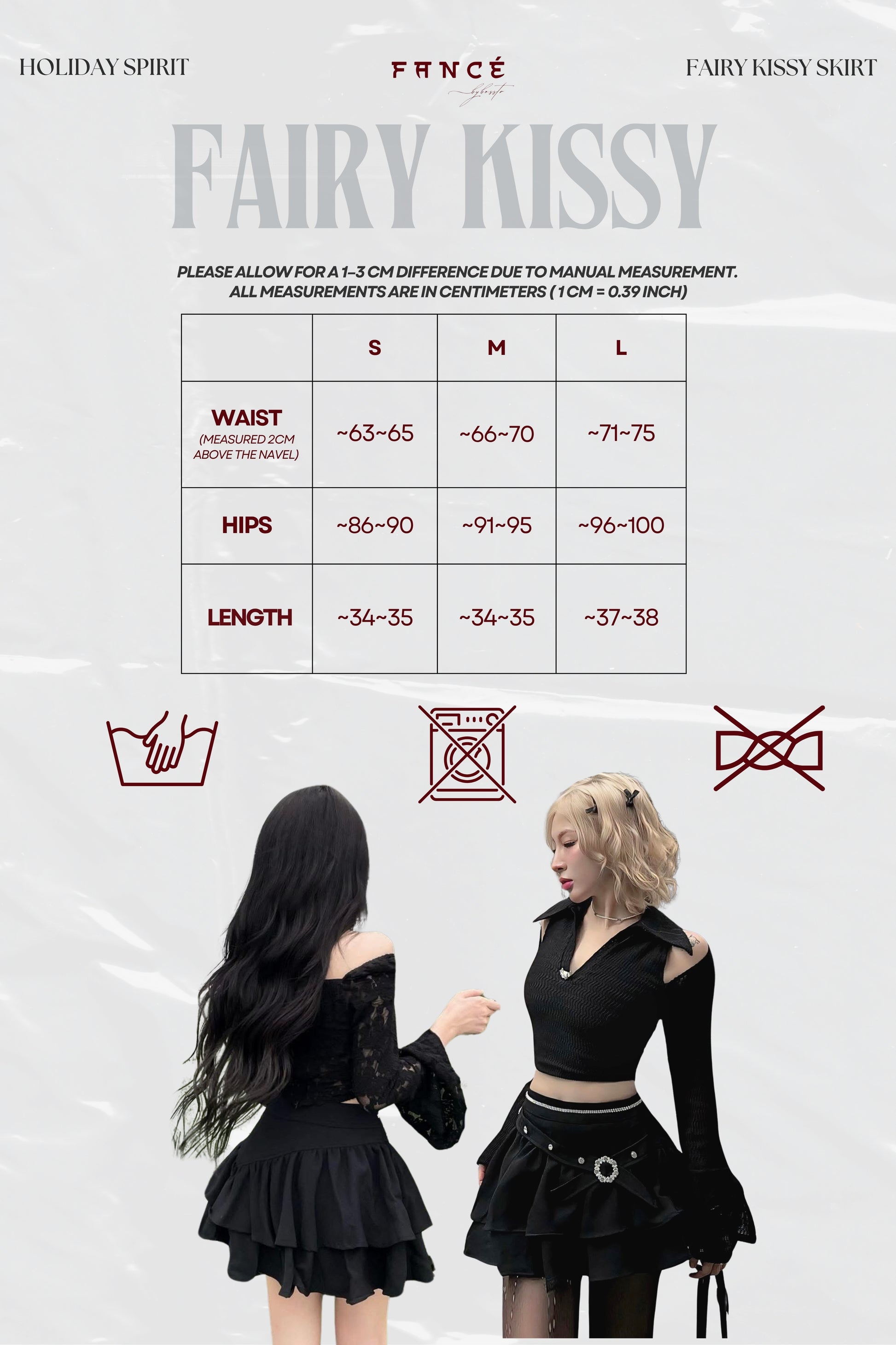 Fancé Fairy Kissy skirt size chart with two models wearing the skirt.