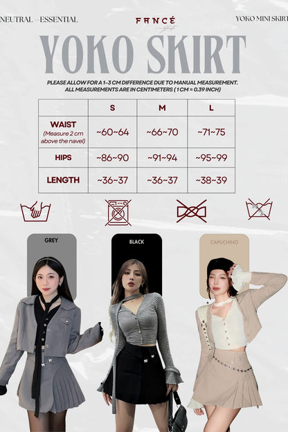 Yoko skirt size chart with models wearing the skirt in gray, black, and beige.