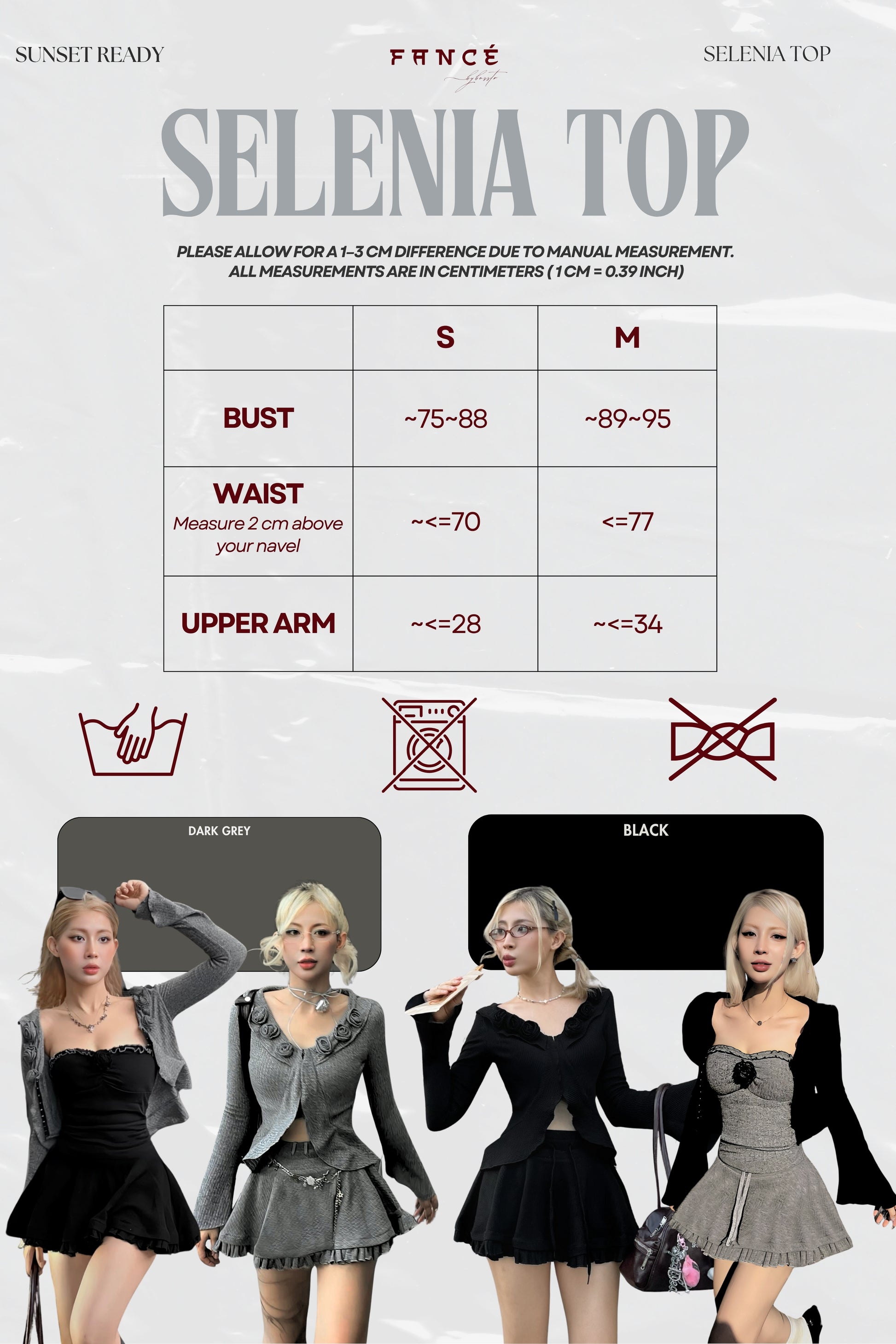 Size chart and fashion model display for 'Selenia Top' with measurements and color options.