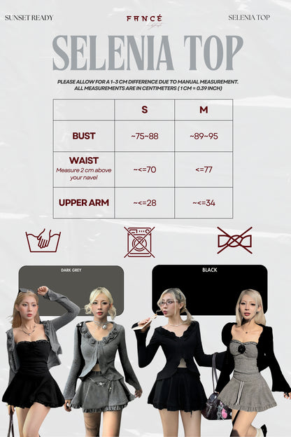 Size chart and fashion model display for 'Selenia Top' with measurements and color options.