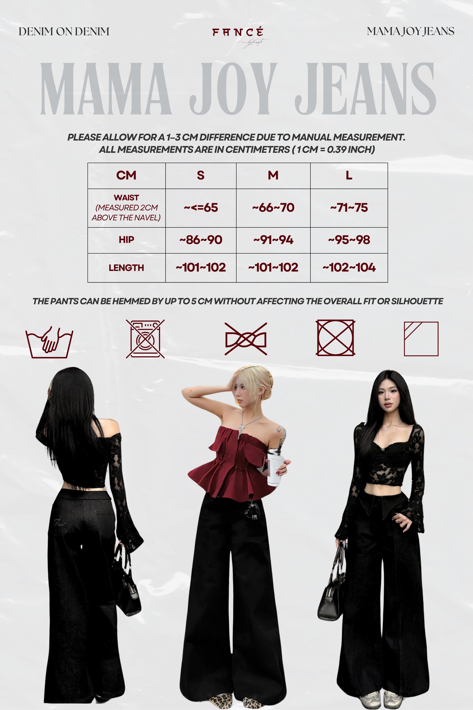 Mama Joy Jeans size chart with models wearing the jeans.