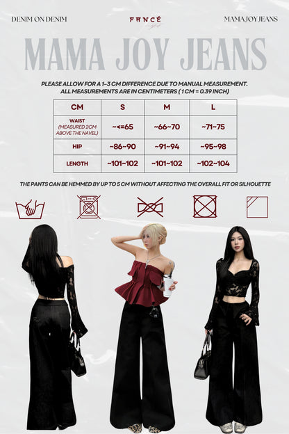 Mama Joy Jeans size chart with models wearing the jeans.
