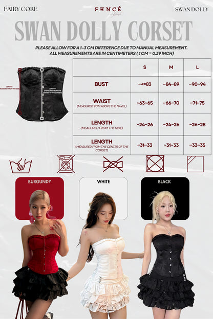 Fairy Core Swan Dolly corset size chart with color options and models wearing the corset.