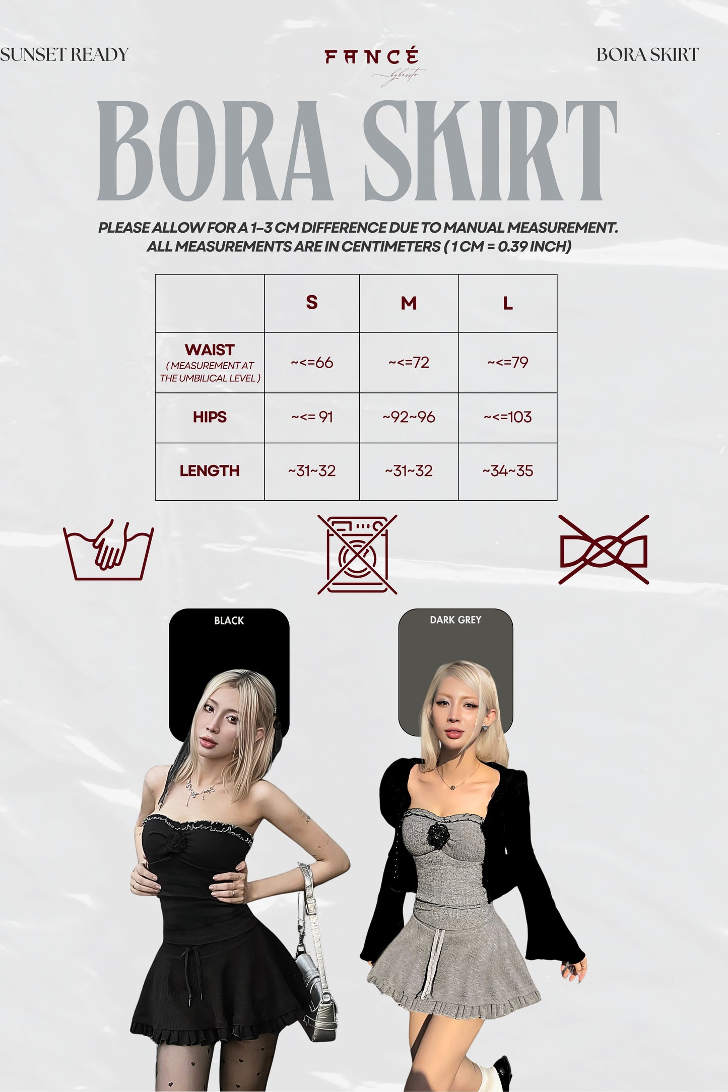 Measurement chart for a 'Bora Skirt' with size options and model wearing the skirt.