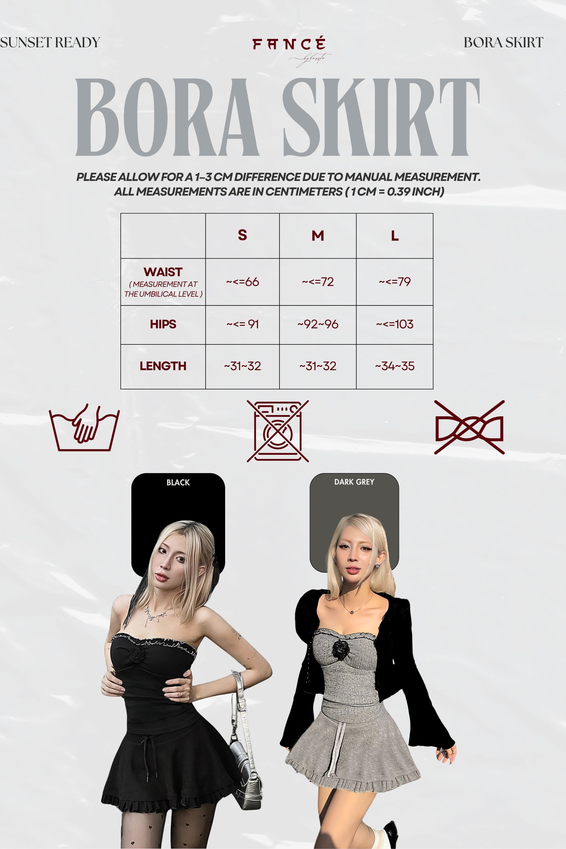 Measurement chart for a 'Bora Skirt' with size options and model wearing the skirt.