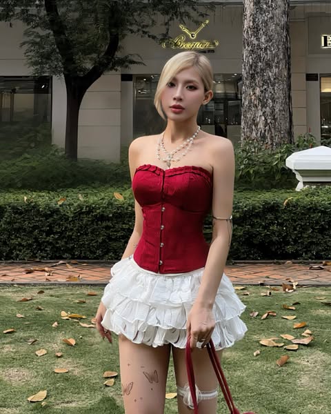 Woman wearing a red corset and white skirt outdoors with a blurred background