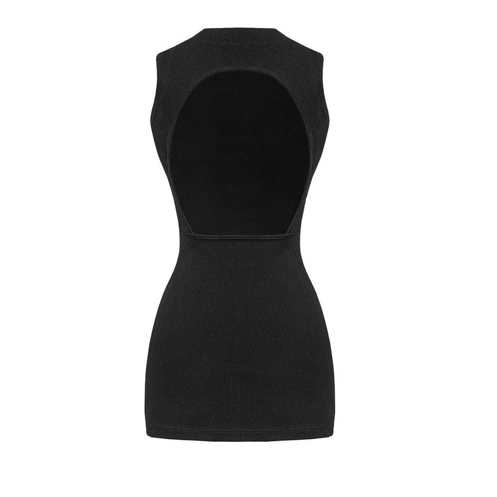 Black sleeveless dress with a hood on a white background