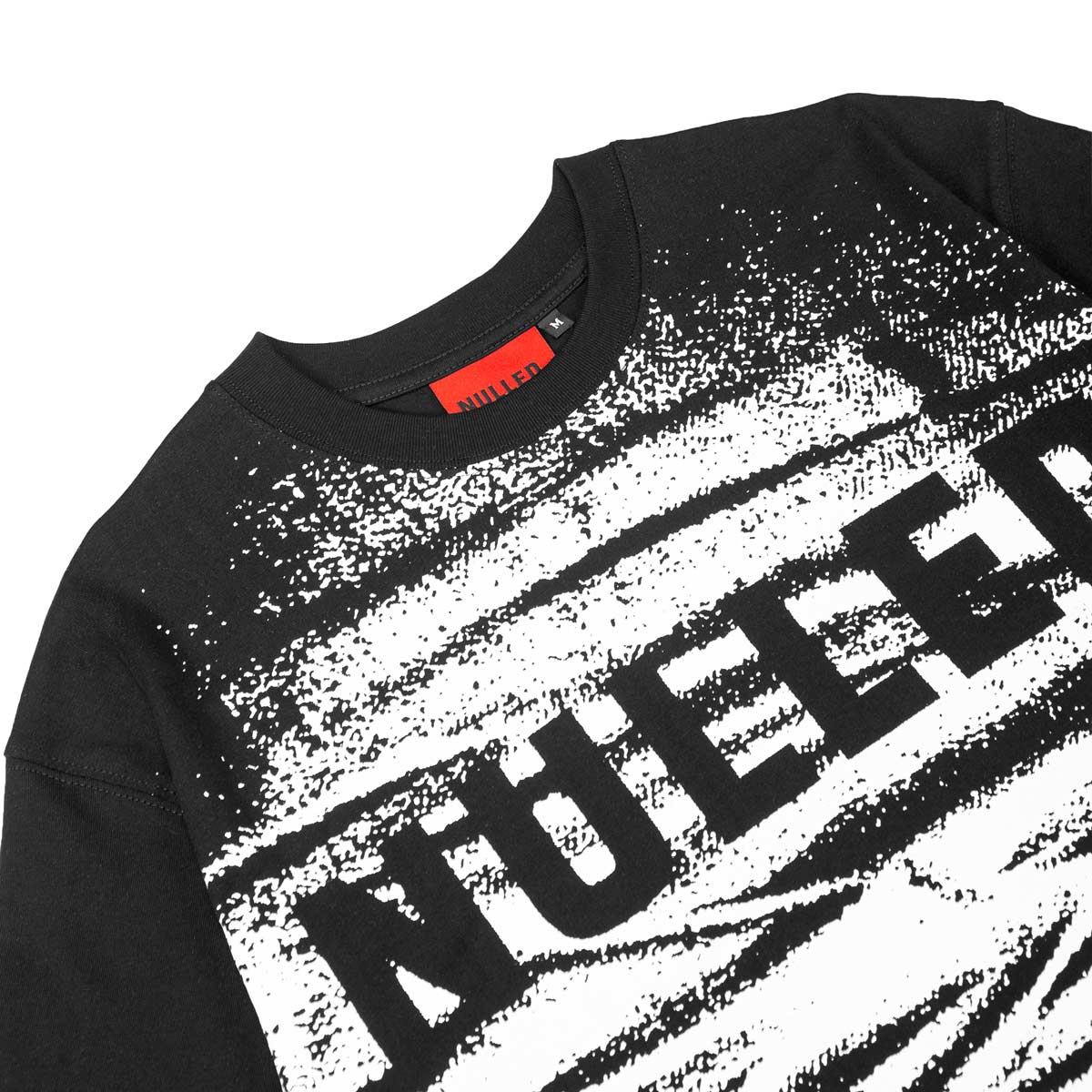 Black sweatshirt with white abstract design and 'NUE' text on a white background
