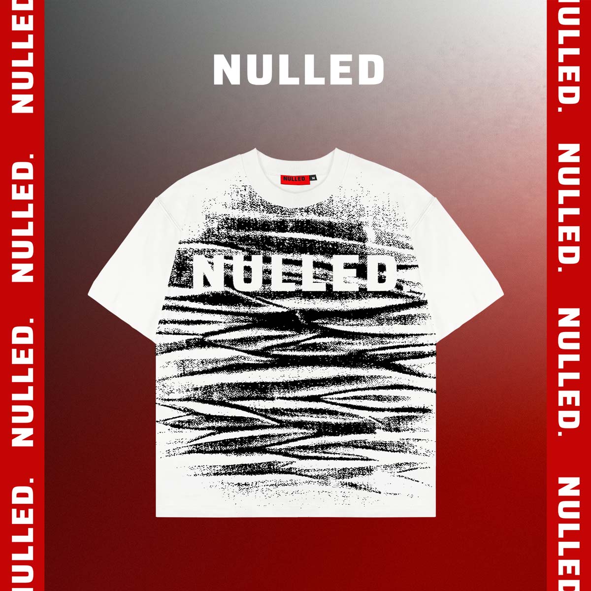 White t-shirt with black abstract design and 'NULLED' branding on a gradient background.