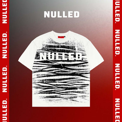 White t-shirt with black abstract design and 'NULLED' branding on a gradient background.
