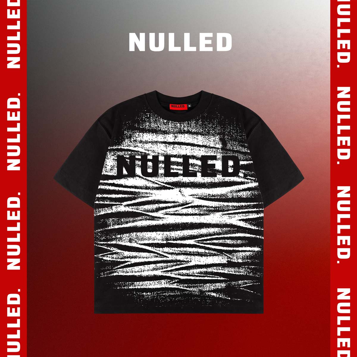 Black t-shirt with 'NULLED' graphic design on a red and gray background