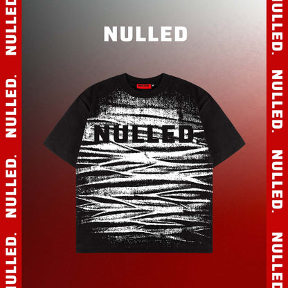 Black t-shirt with 'NULLED' graphic design on a red and gray background