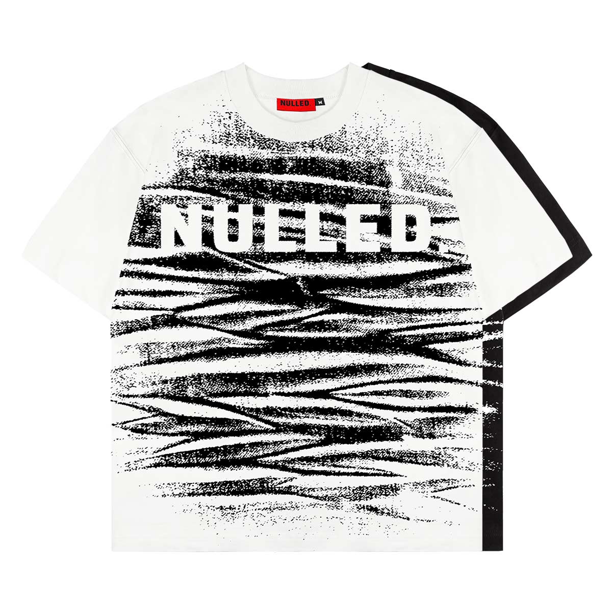 White t-shirt with black abstract design and 'NUCED' text on a white background