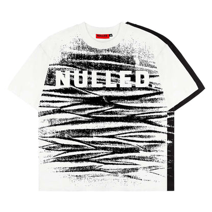 White t-shirt with black abstract design and 'NUCED' text on a white background