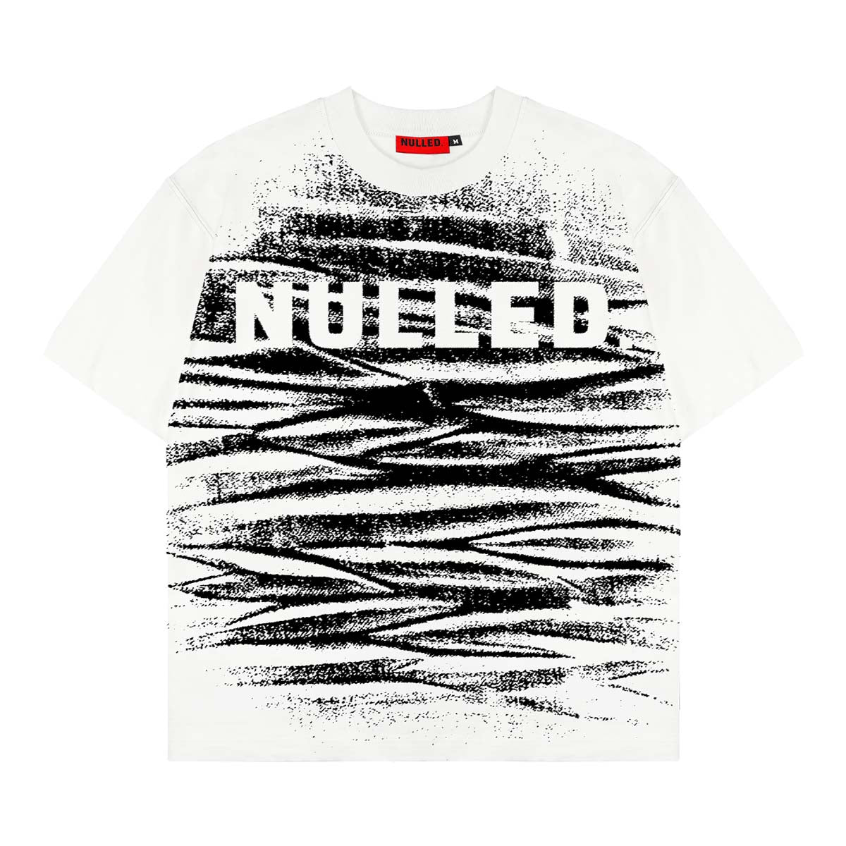 White t-shirt with black abstract design and 'NUDE' text on a white background