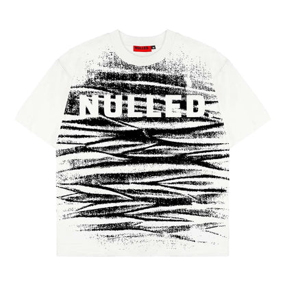 White t-shirt with black abstract design and 'NUDE' text on a white background