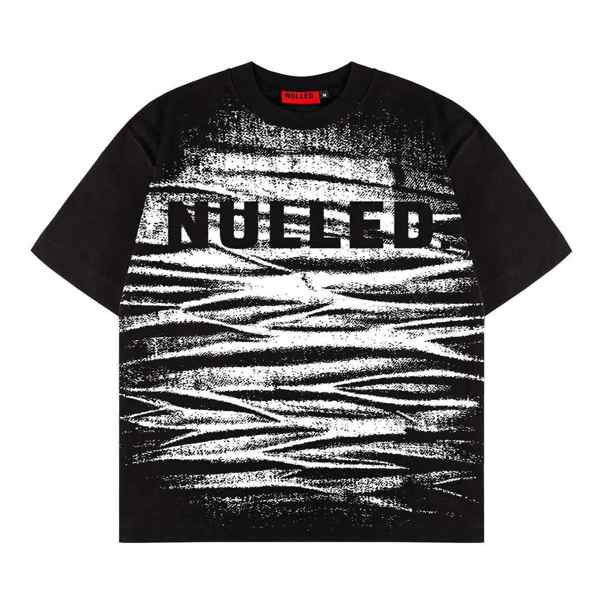 Black t-shirt with white abstract design and 'NUCED' text on a white background