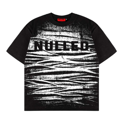 Black t-shirt with white abstract design and 'NUCED' text on a white background