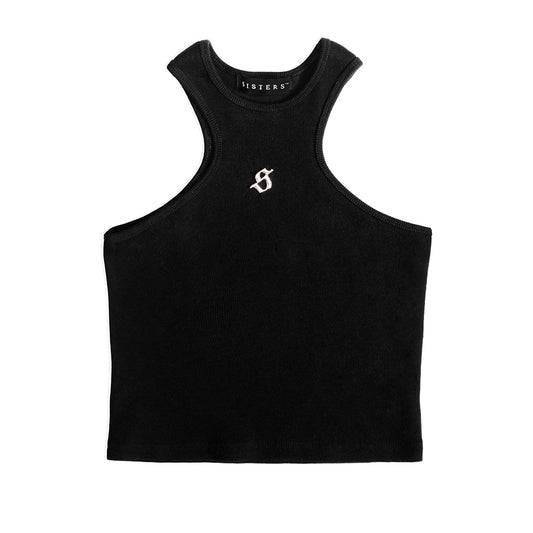 Black tank top with a logo on a white background