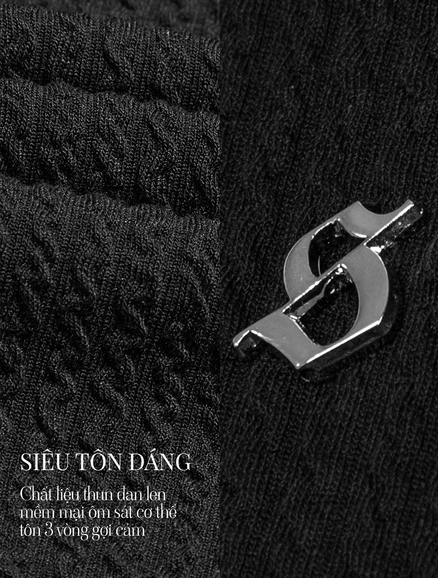 Black textured fabric with a silver logo on a black background