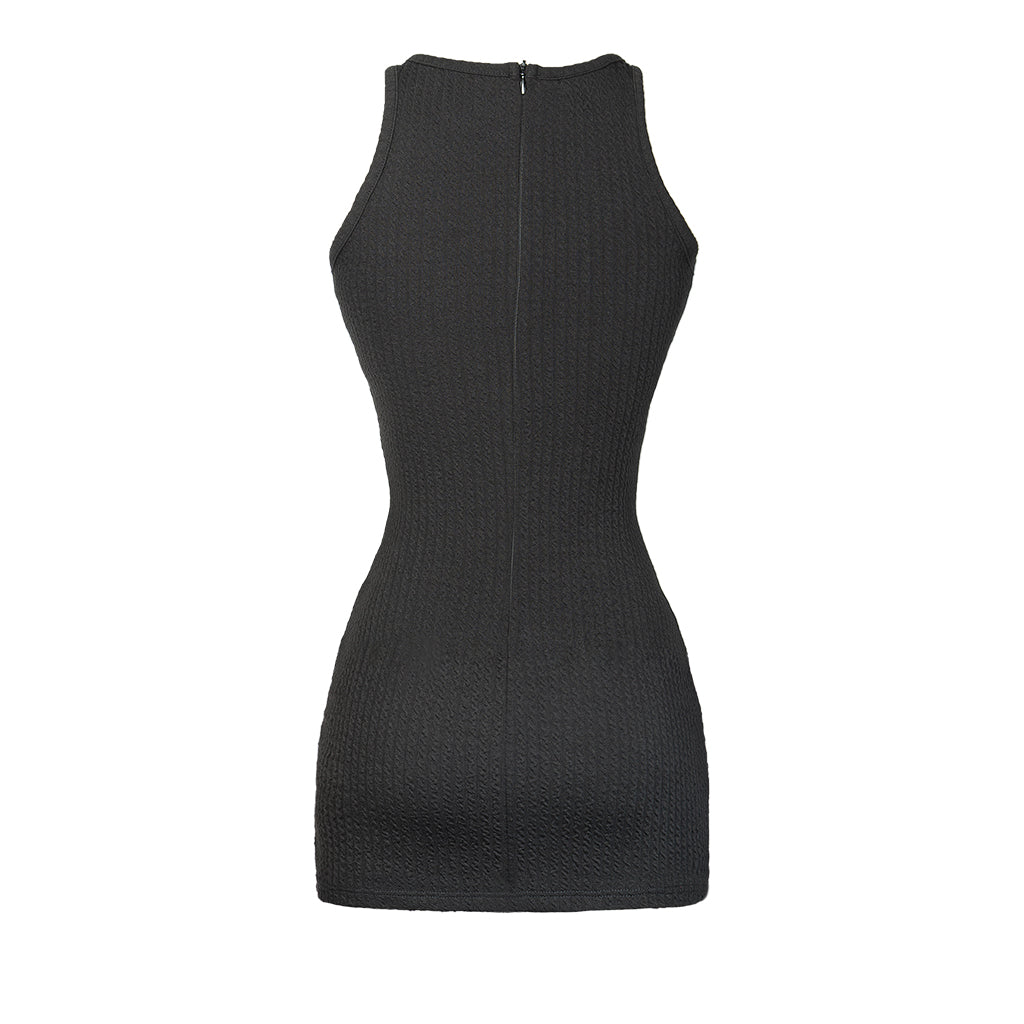 Black sleeveless dress on a white background