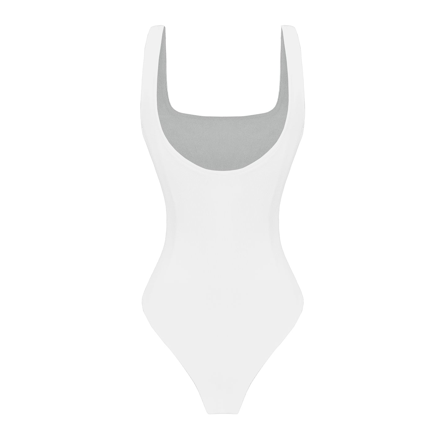 White swimsuit with gray lining on a white background