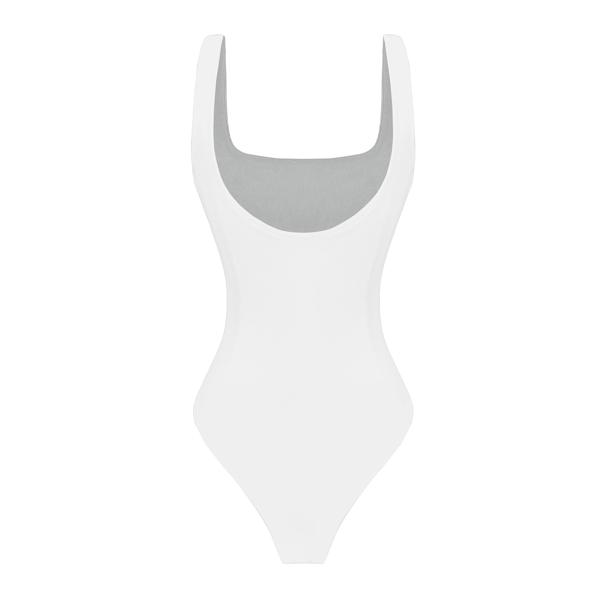 White swimsuit with gray lining on a white background