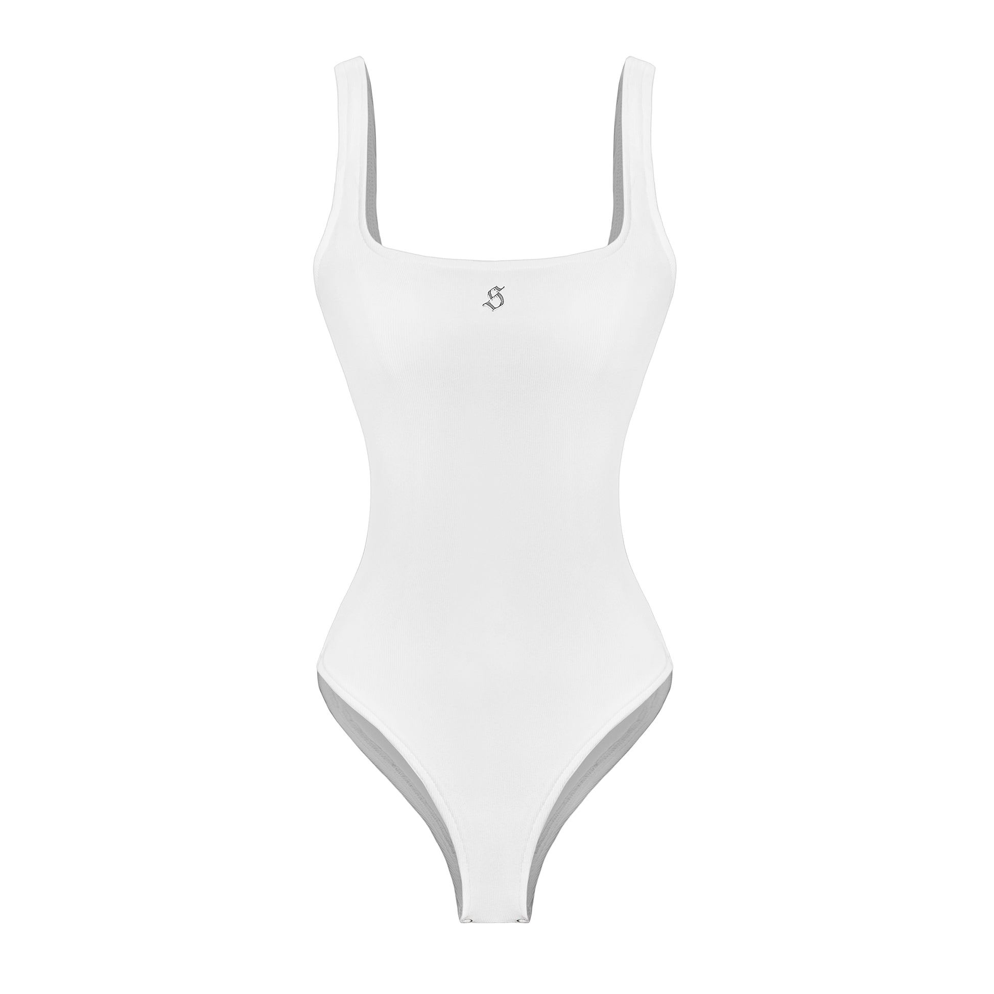 White swimsuit with thin straps on a white background