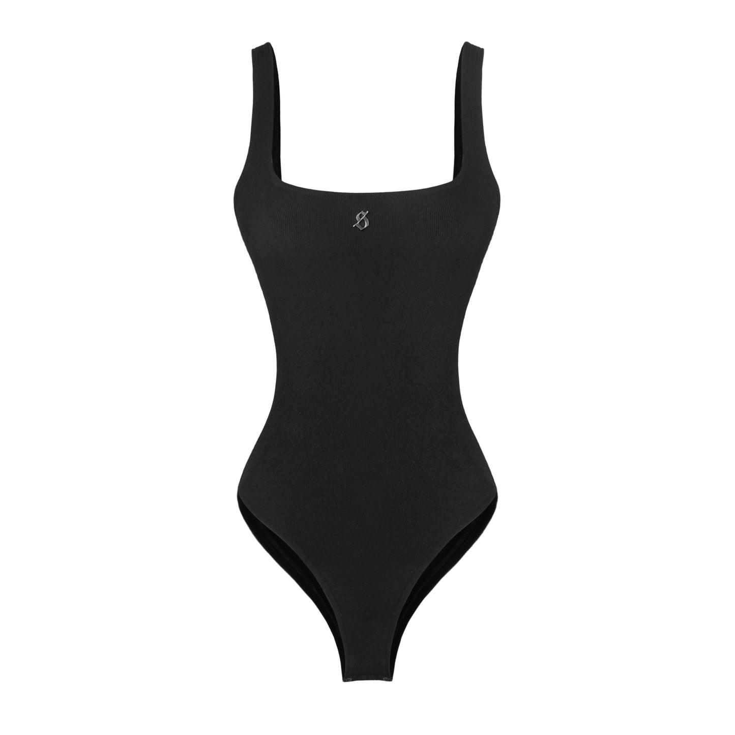 Black swimsuit with thin straps on a white background