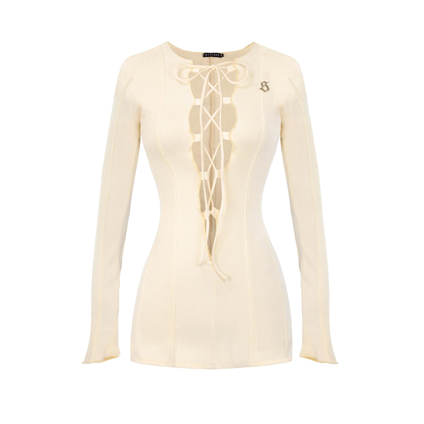 Beige long-sleeve top with lace-up front on a white background