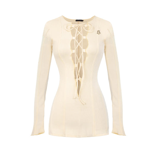 Beige long-sleeve top with lace-up front on a white background