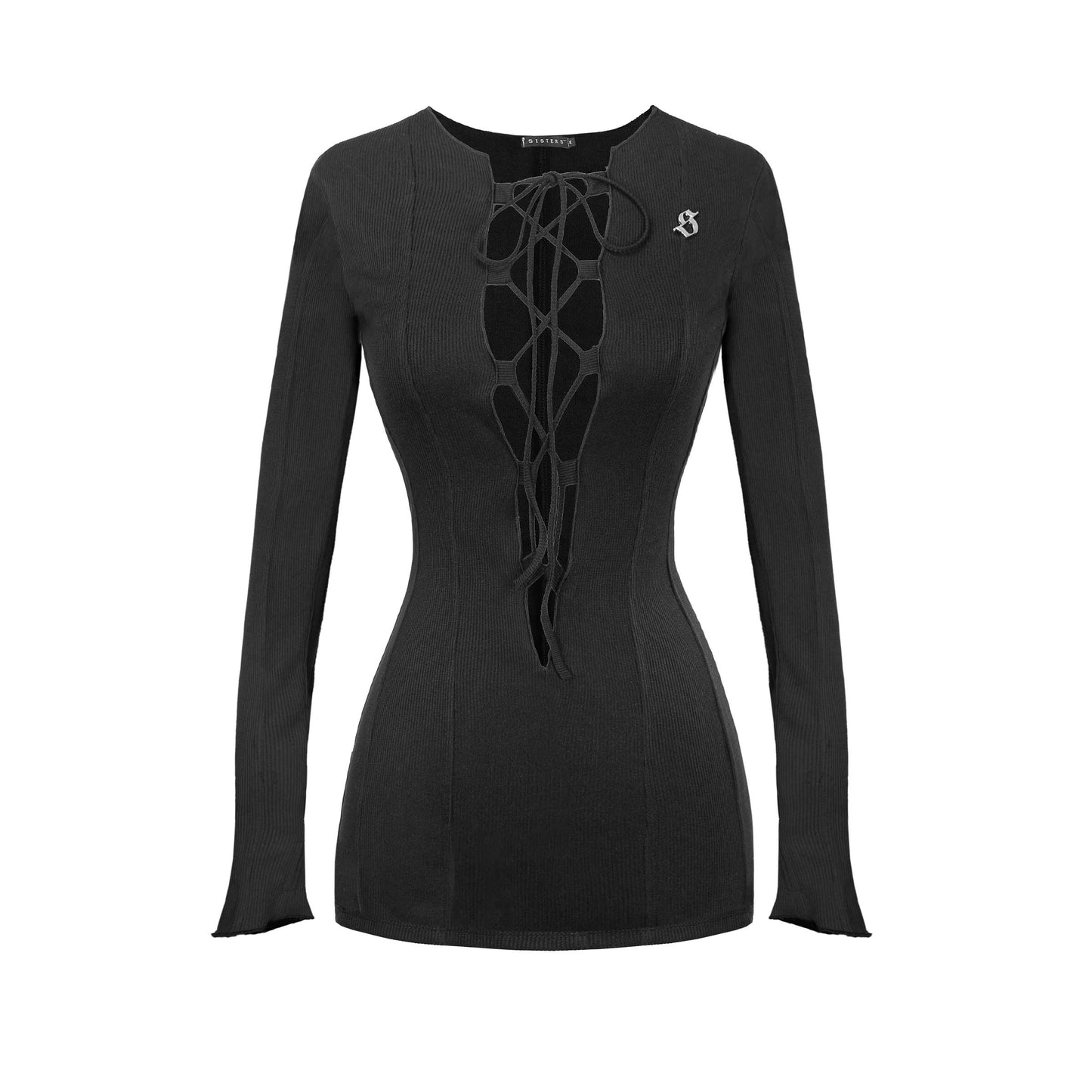 Black long-sleeve top with intricate lace-up design on a white background