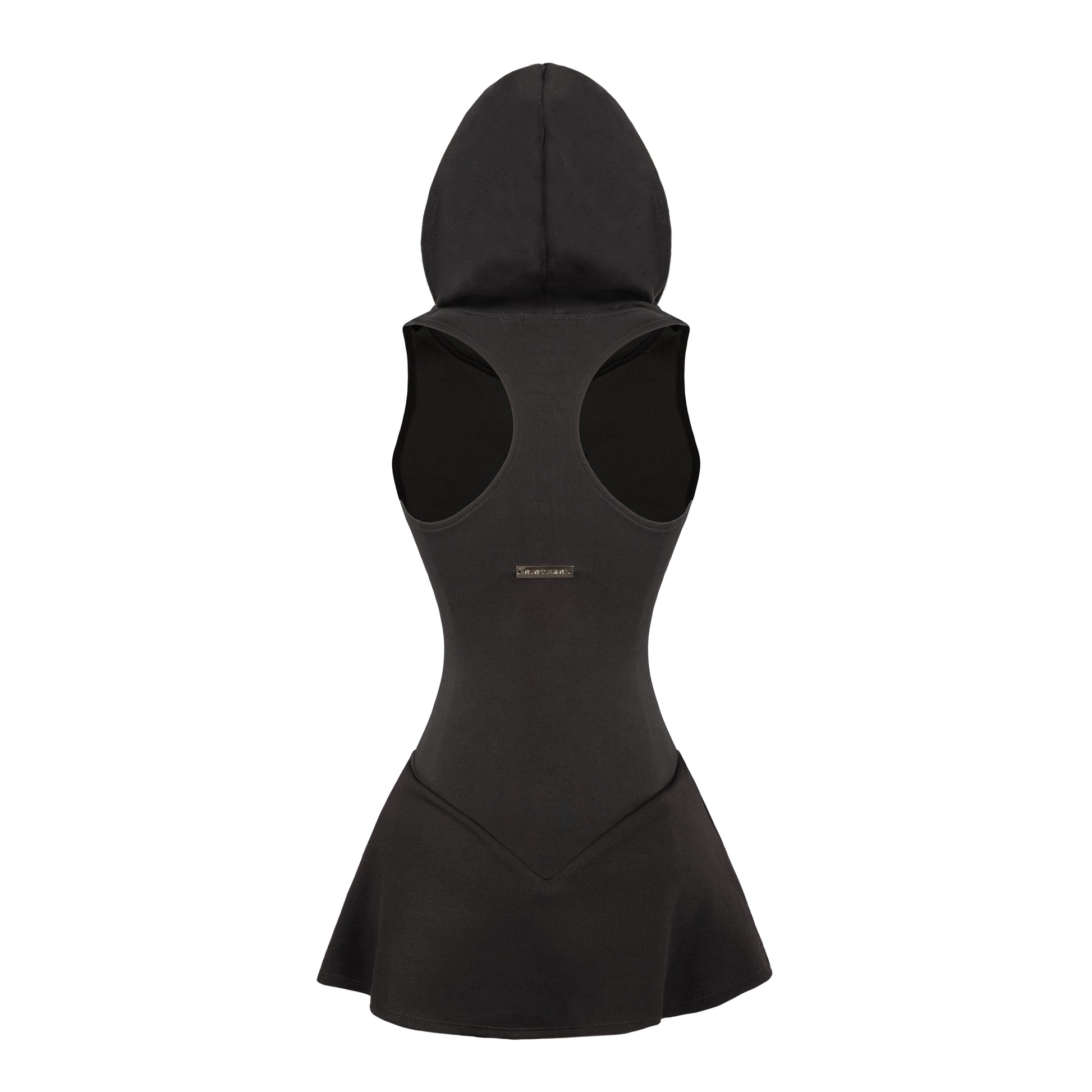 Black sleeveless dress with hood on a white background