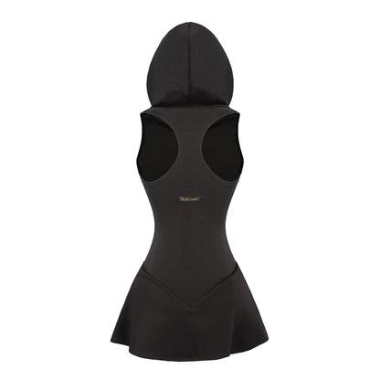 Black sleeveless dress with hood on a white background