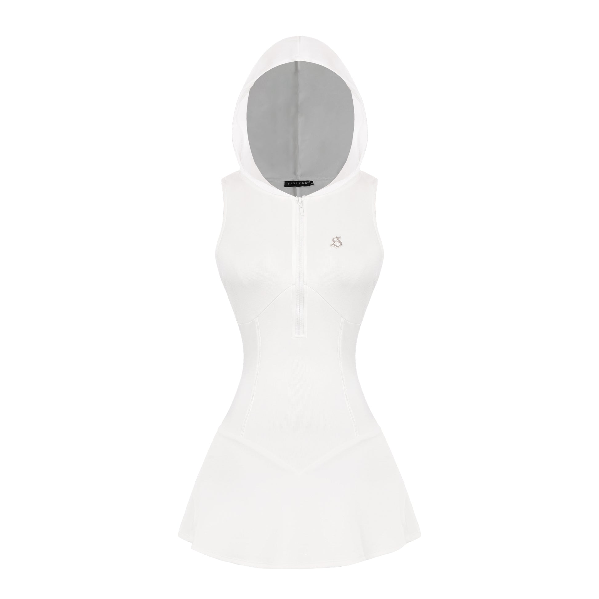 White sleeveless hoodie with a hood on a white background