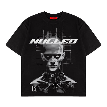 Black t-shirt with a graphic design of a robot and 'NULLED' text on a white background