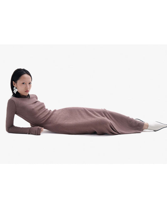 Side view of long-sleeve open-back dress