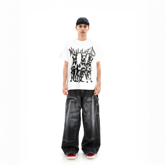 Person wearing a white t-shirt with black graphics and black pants on a white background