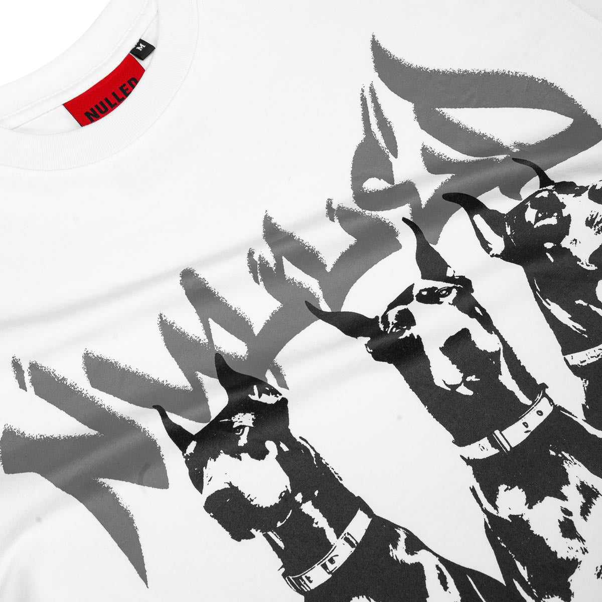 White t-shirt with black graphic of a dog and text on a white background