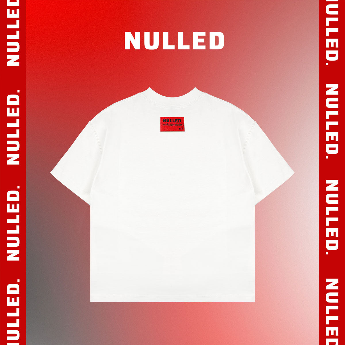 White t-shirt with a red logo on a red background with 'NULLED' text.