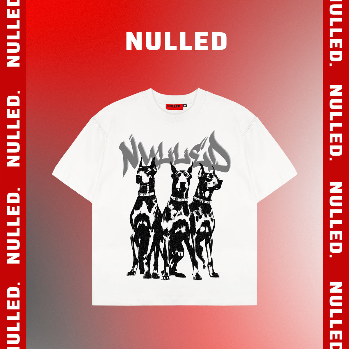 White t-shirt with black dog graphic and 'Nulled' text on a red background