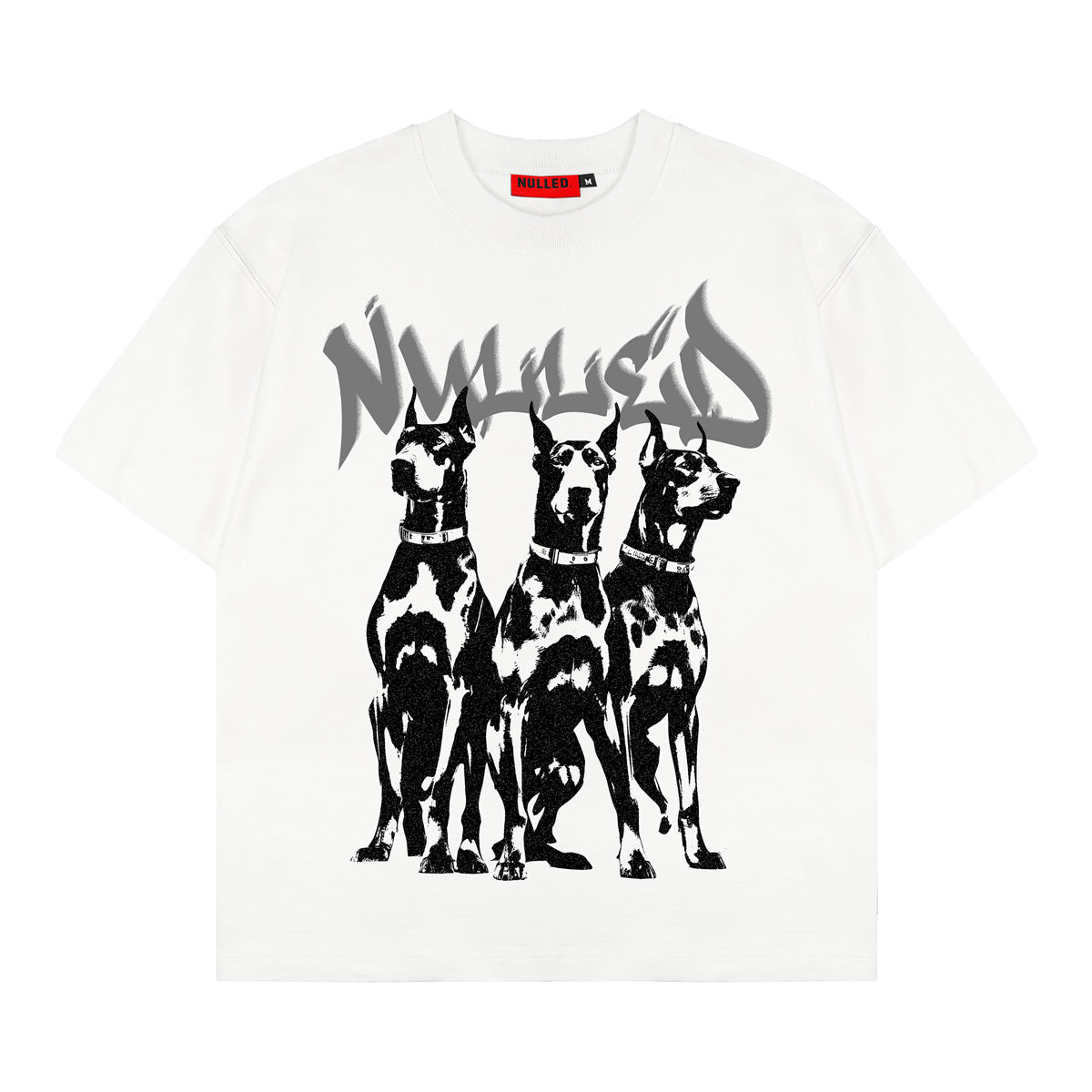White t-shirt with black and white dog graphic and 'Ninety Percent' text on a white background
